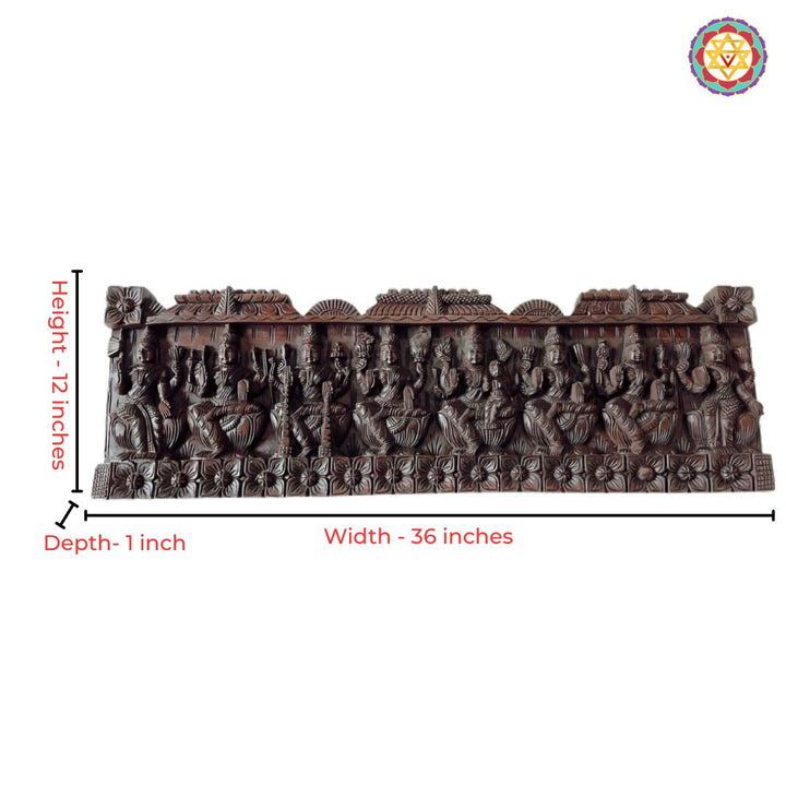 A high-quality 36-inch wide mahogany wood panel depicting the goddesses of wealth and prosperity.