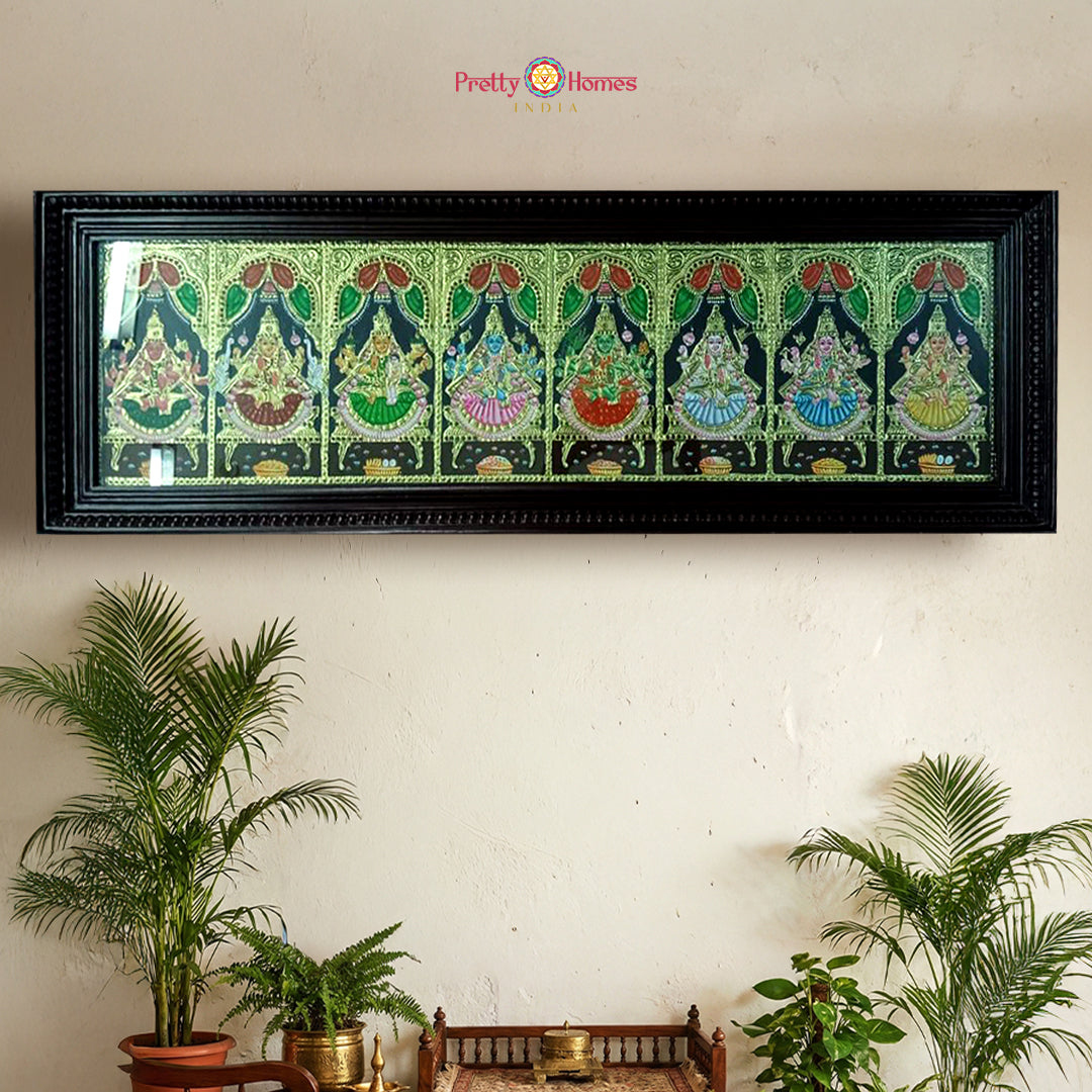 Horizontal Hand-Painted Tanjore Art Goddess Ashtalakshmi Teakwood Frame