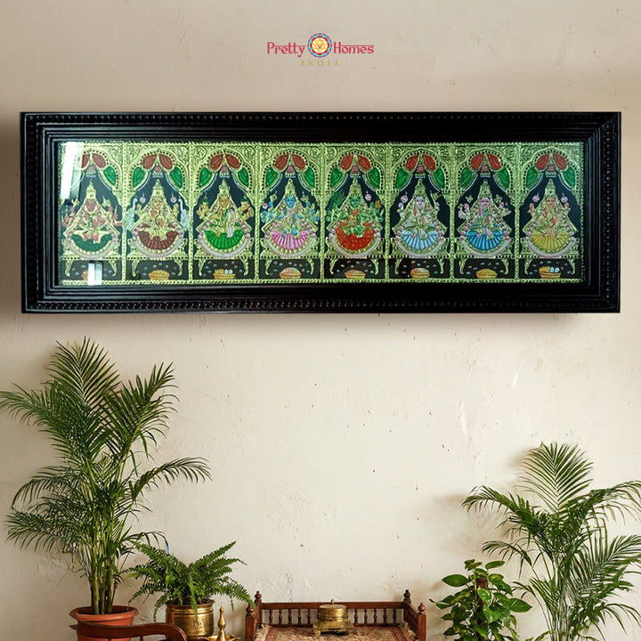 Horizontal Hand-Painted Tanjore Art Goddess Ashtalakshmi Teakwood Frame