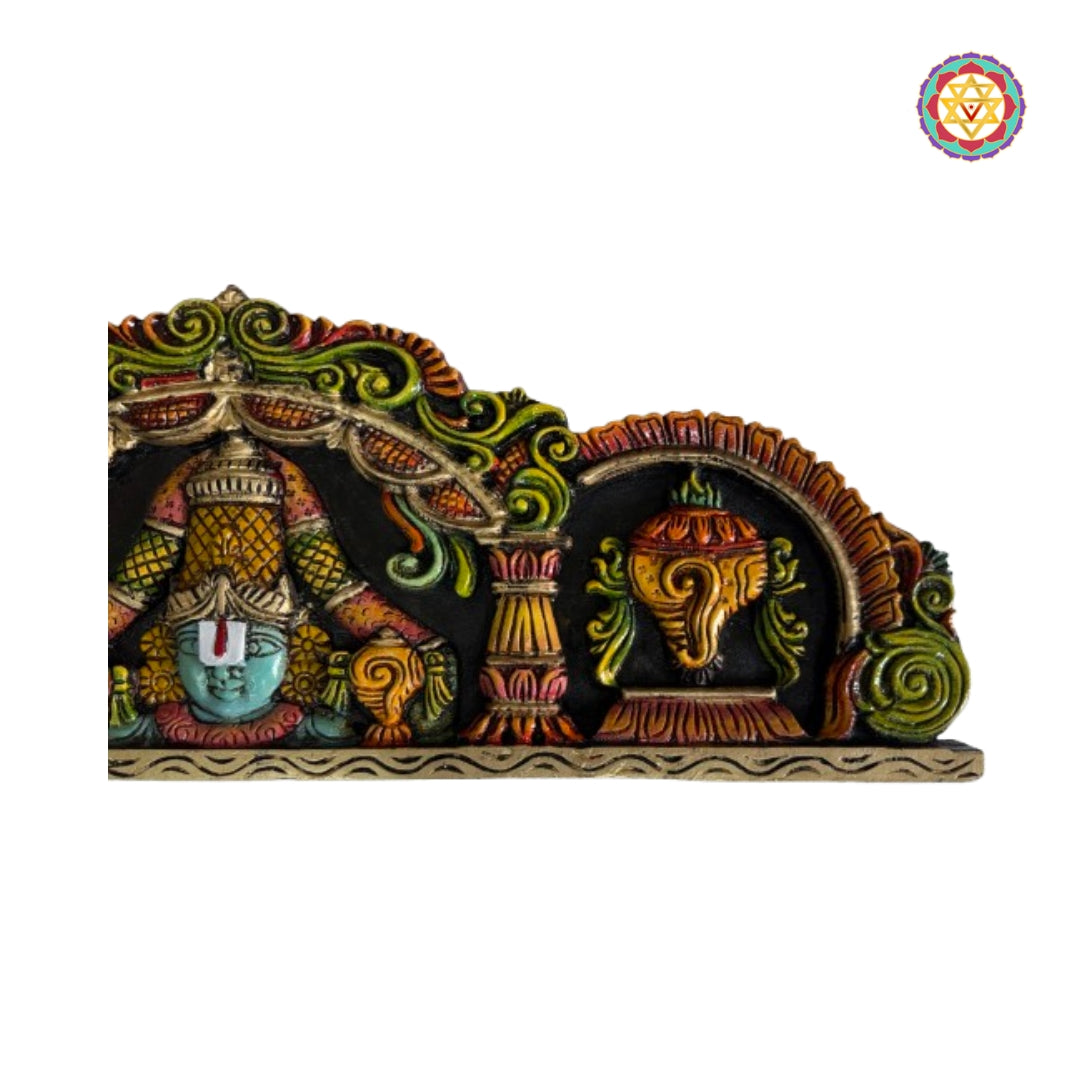 Intricate Balaji wood carving wall panel with shankh chakra