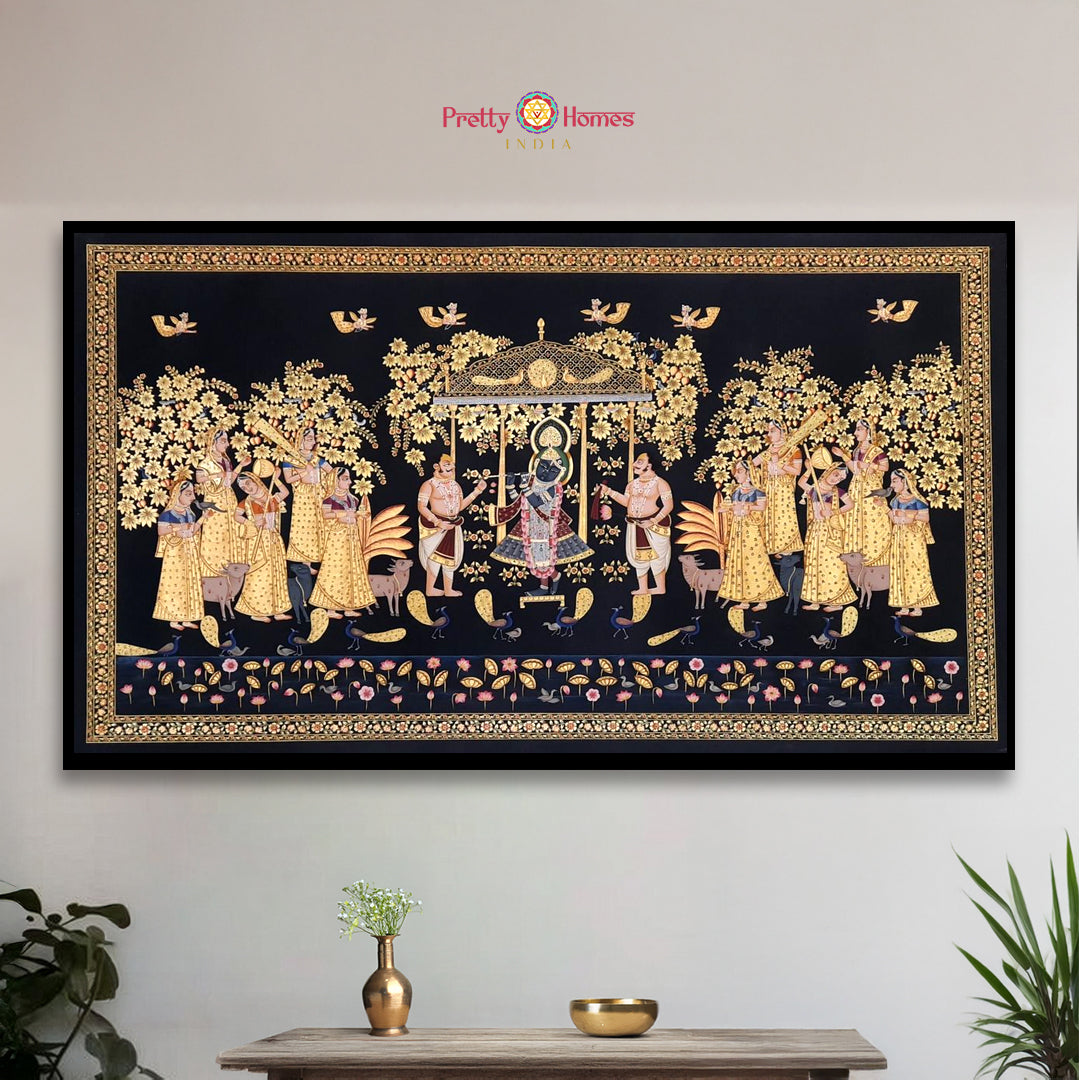 Horizontal black and gold Shrinathji Pichwai painting