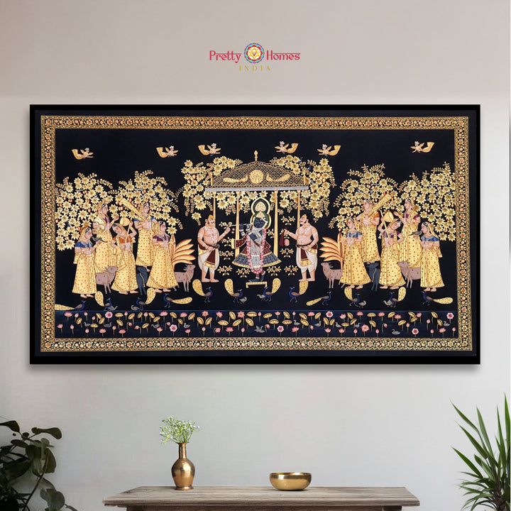 Horizontal black and gold Shrinathji Pichwai painting