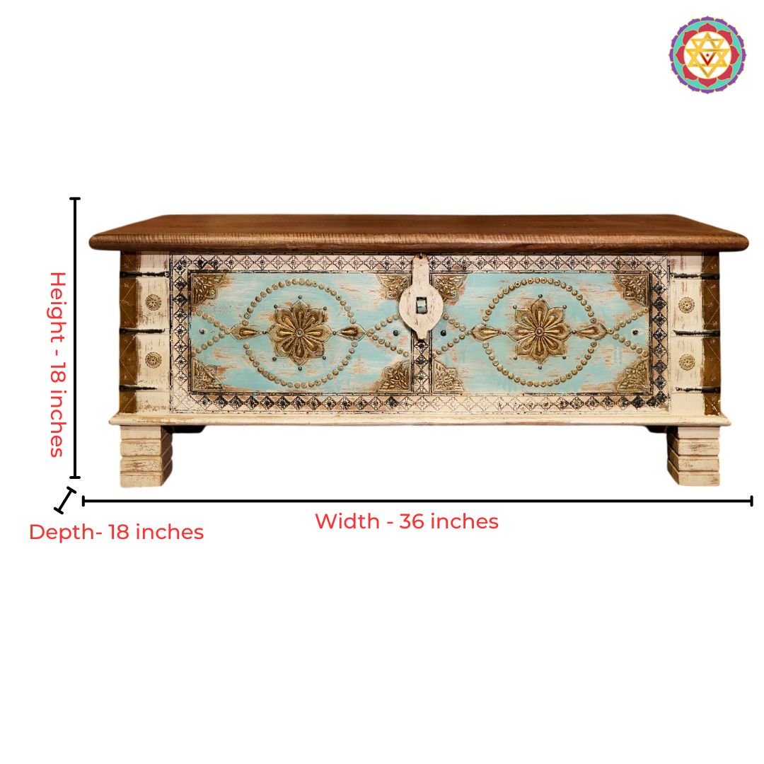 A high-quality 36-inch wide solid wood trunk table with a vintage-inspired royal Indian finish.