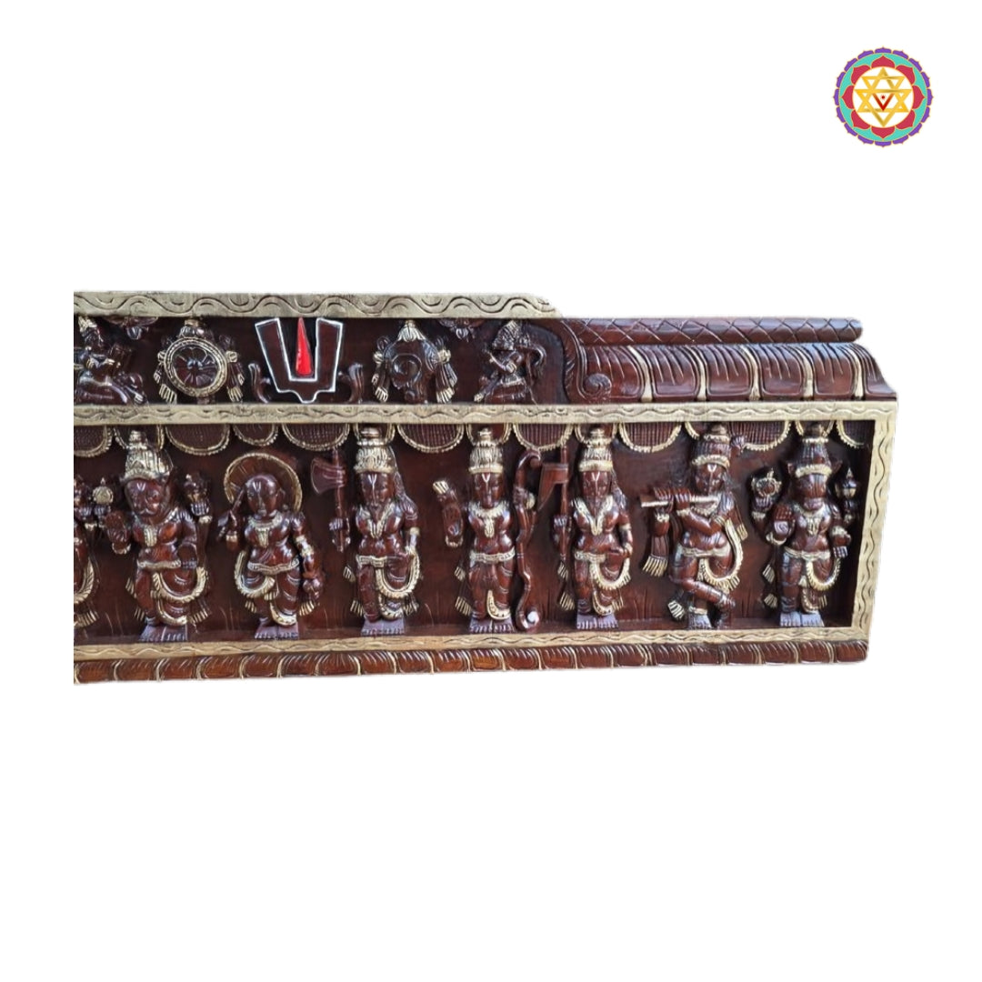 Intricate temple-style craftsmanship of Vishnu Dashavatars horizontal panel