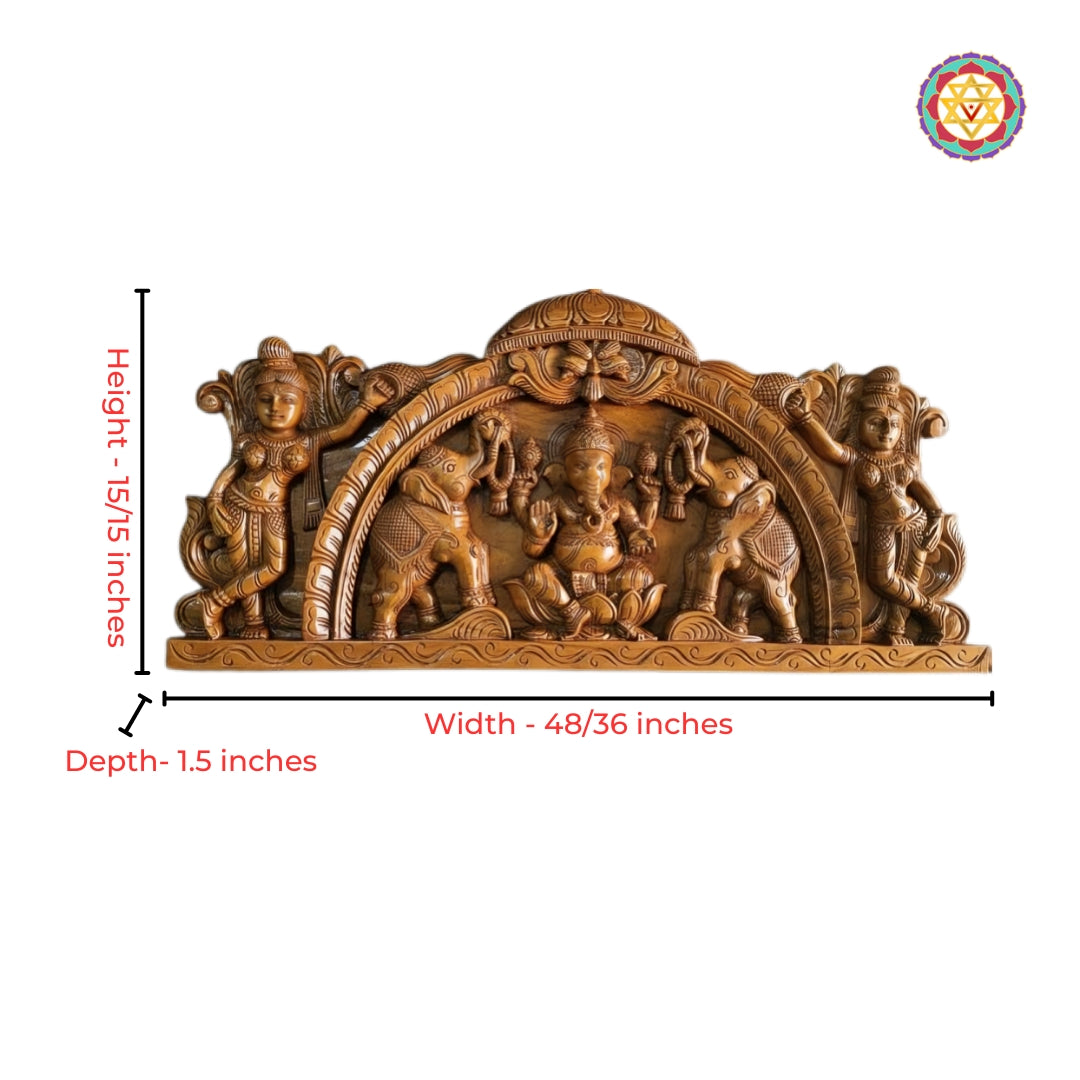 Horizontal wood carving Gajaganesh wall panel