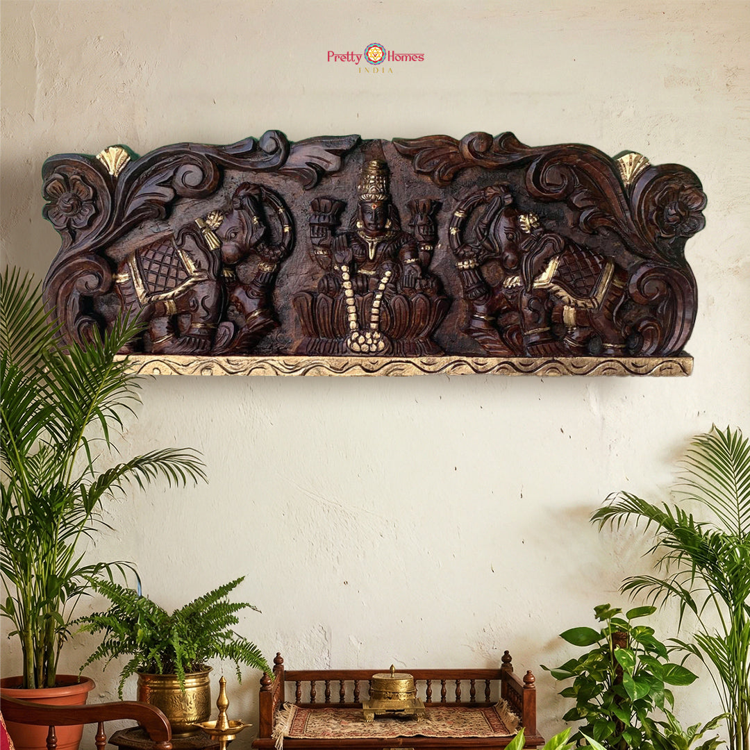 Horizontal Goddess Lakshmi wood wall panel in antique gold finish