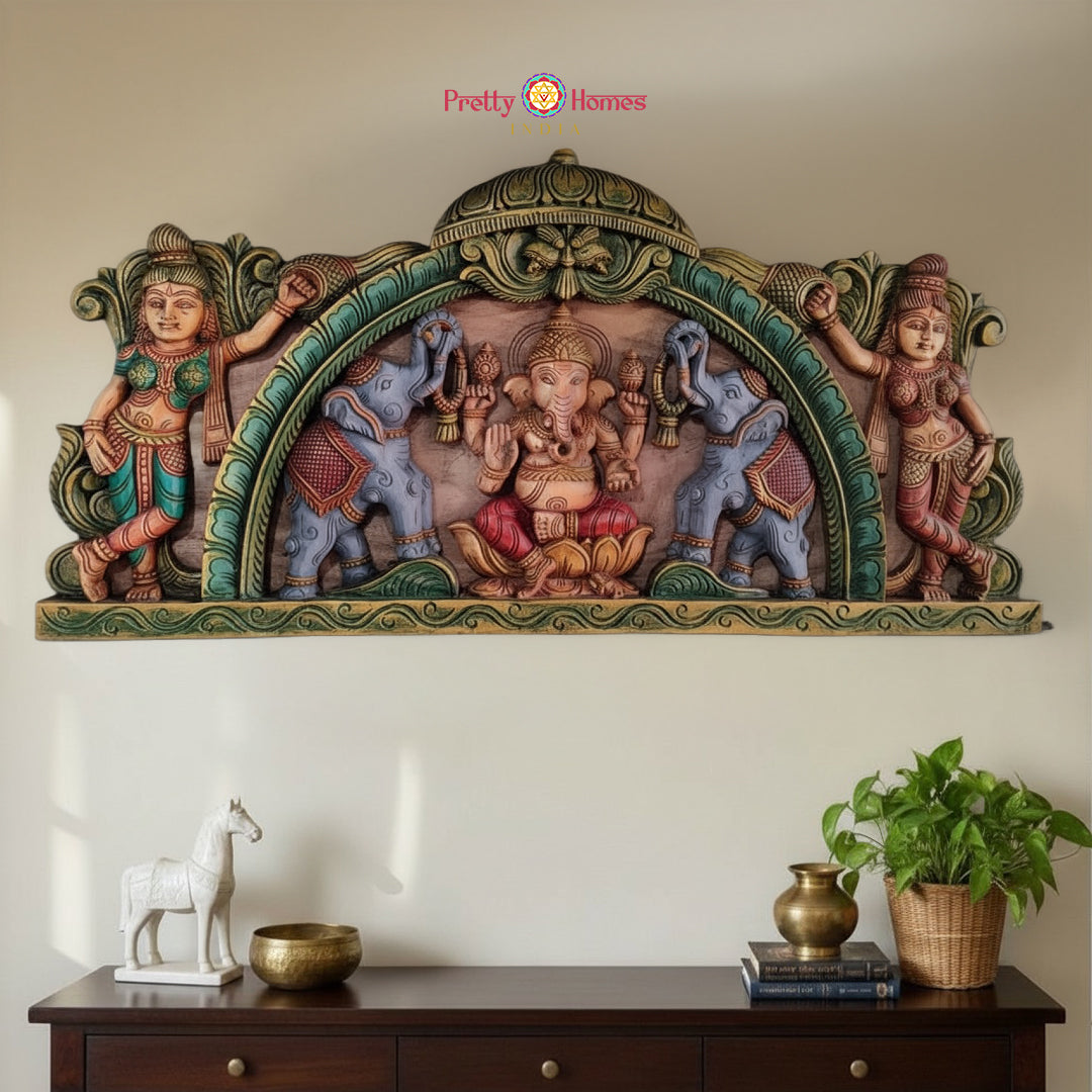 Horizontal hand-carved Gajaganesh wall panel