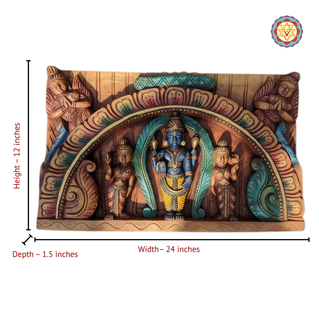 Detailed horizontal Lord Vishnu wooden panel depicting divine consorts in traditional Indian carving style