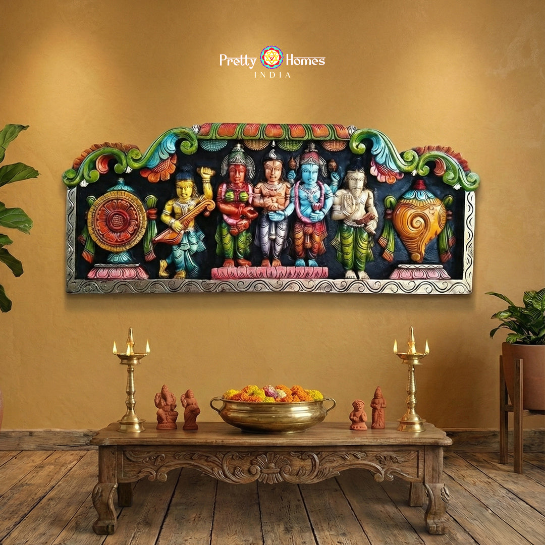 Meenakshi Kalyanam wood carved wall panel in traditional temple art style