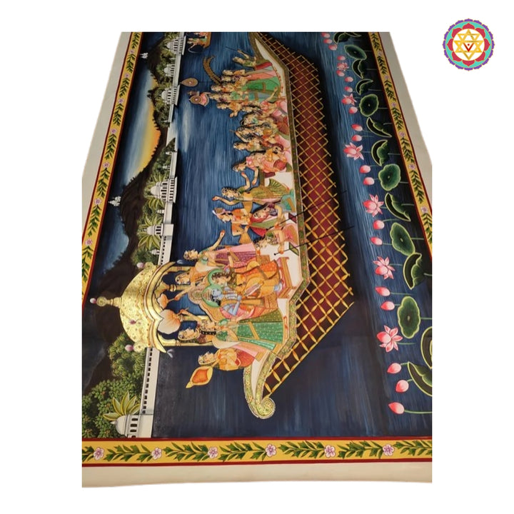 Close-up detailing of Nauka Vihar pichwai painting with traditional devotional motifs