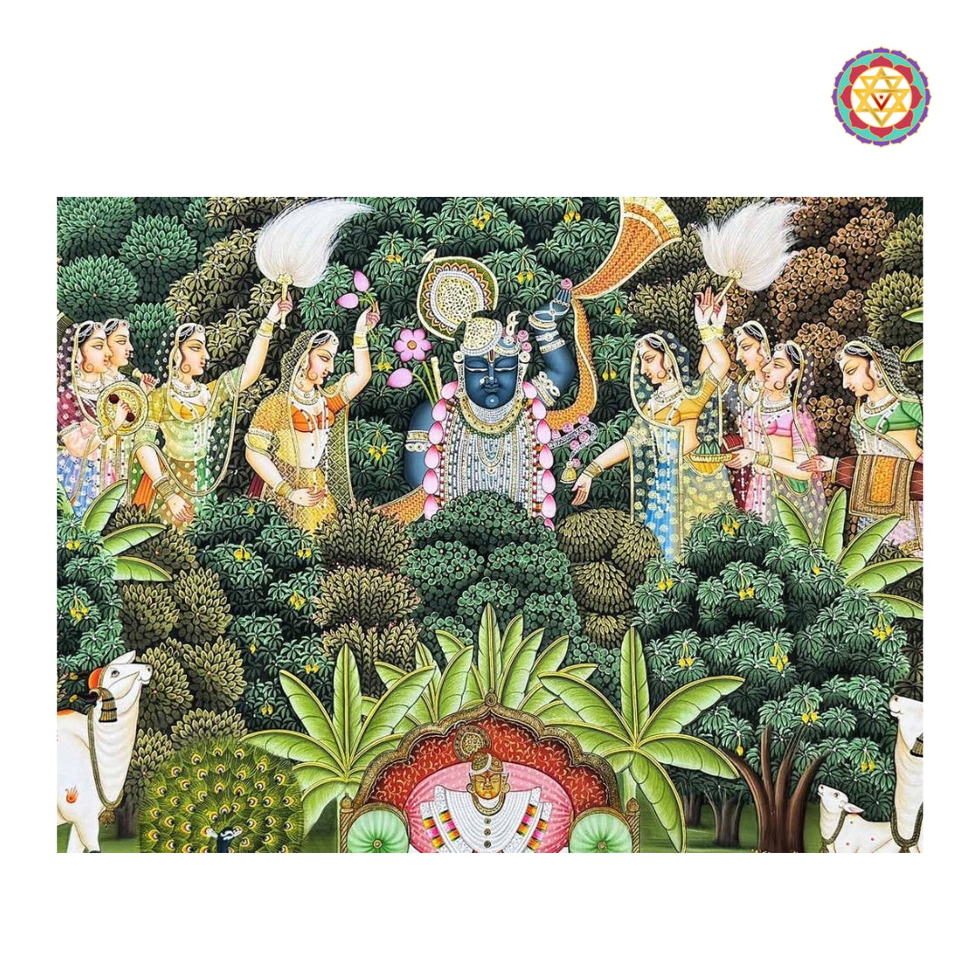 Full view of horizontal Shrinathji forest leela pichwai painting with rich detailing