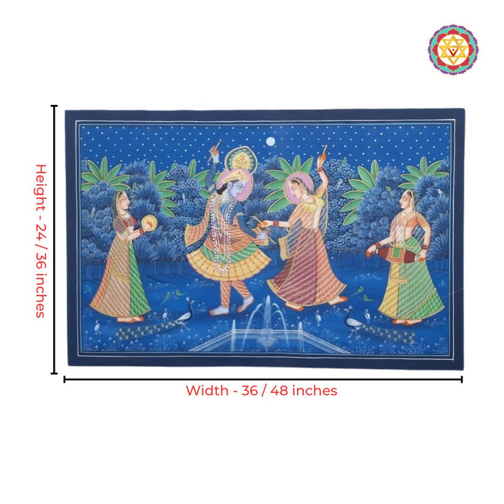 Close-up view of Raas Leela pichwai artwork with intricate heritage detailing