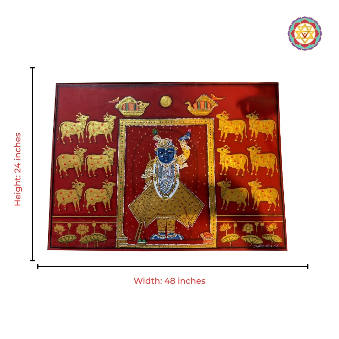 Shrinathji Pichwai painting in radiant red tones with symbolic cows and lotus flowers traditional wall art