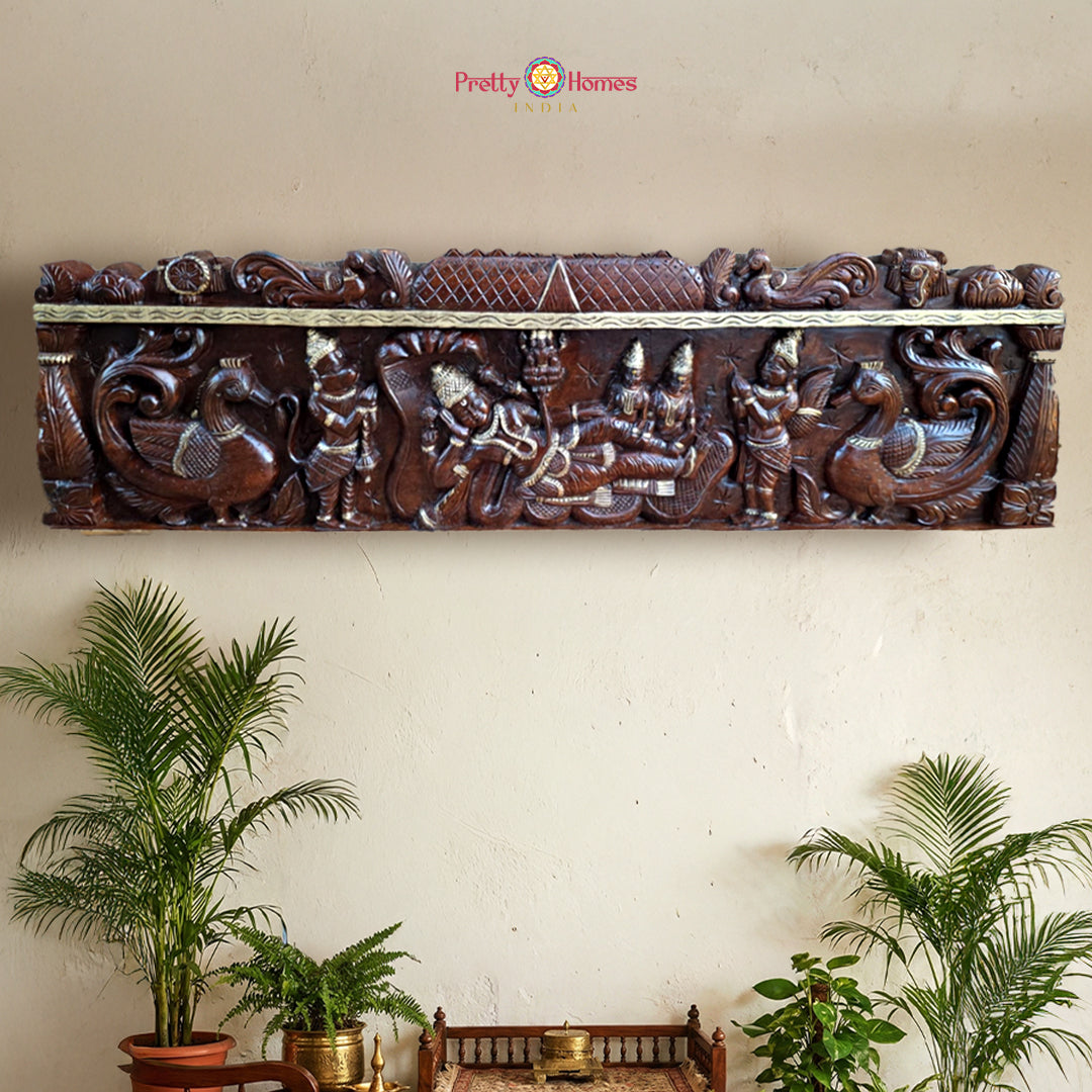 Hand-carved Resting Vishnu wood wall panel with antique gold finish