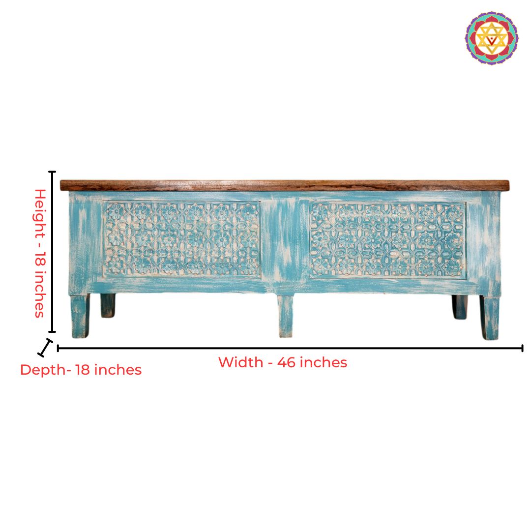 A high-quality 46-inch wide solid wood storage console with a vintage-inspired blue finish.