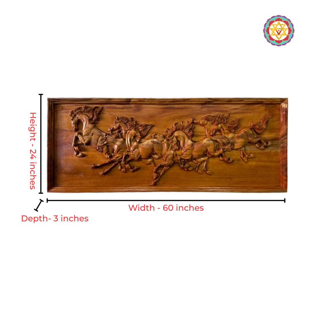 Wooden Decorative Panel Seven Running Horses for Pooja Room
