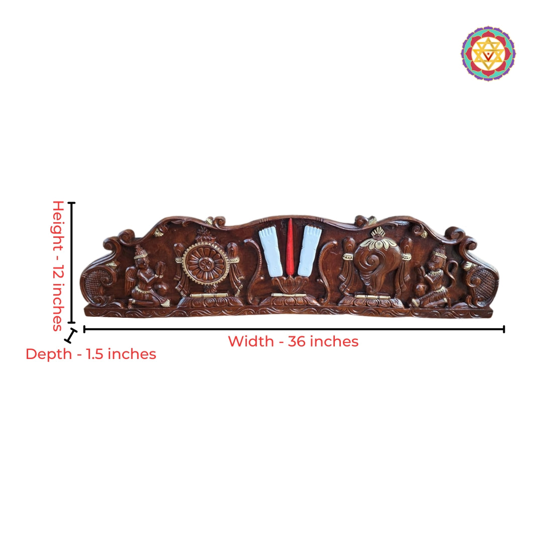 Full view of carved Shankh Chakra Namam wall decor panel with heritage design