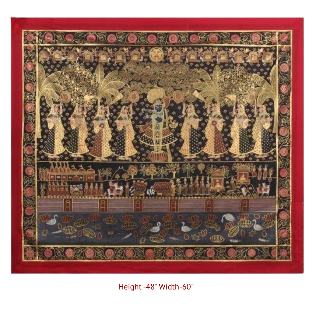 Shrinathji devotional painting with gopikas and intricate horizontal temple motifs
