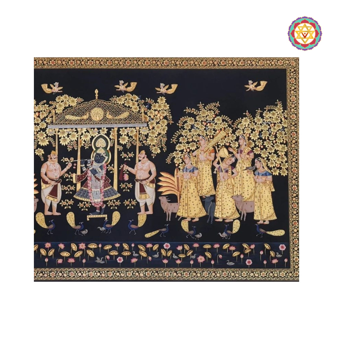Traditional horizontal Pichwai wall decor in black & gold