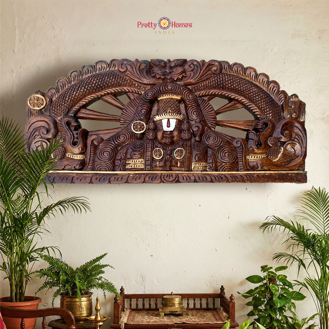 Tirupati Balaji wood wall panel with antique gold finish