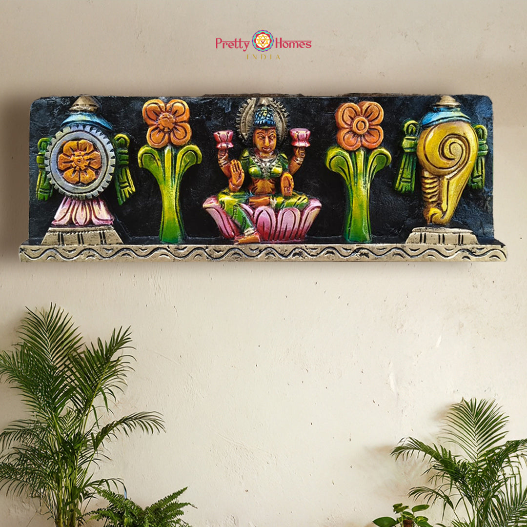 Horizontal Wood-Carved Goddess Lakshmi with Shankha & Chakra Panel