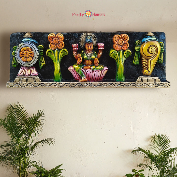 Horizontal Wood-Carved Goddess Lakshmi with Shankha & Chakra Panel