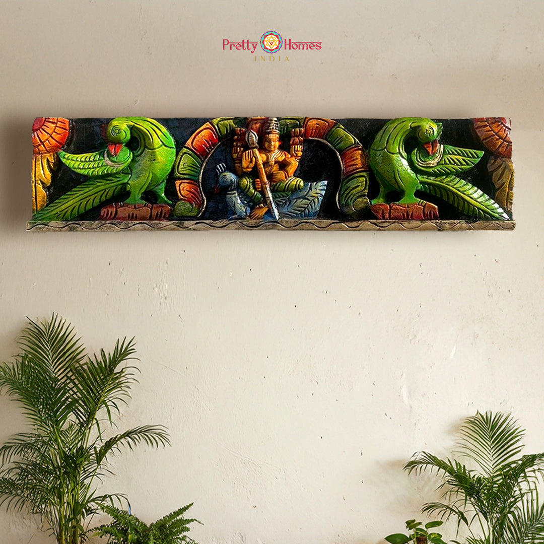 Horizontal Wood-Carved Lord Murugan with Peacocks Panel
