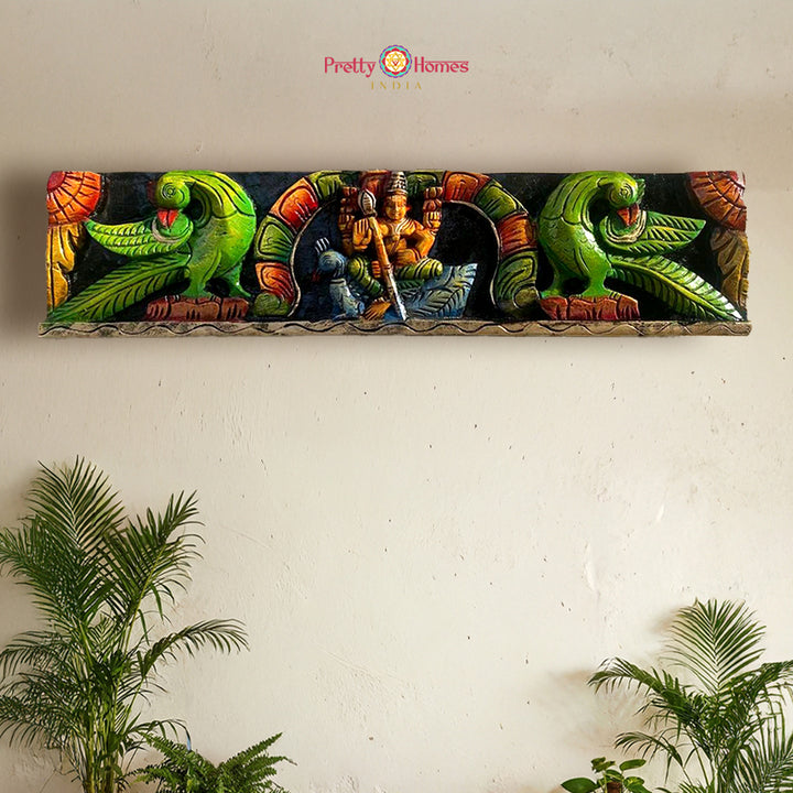 Horizontal Wood-Carved Lord Murugan with Peacocks Panel