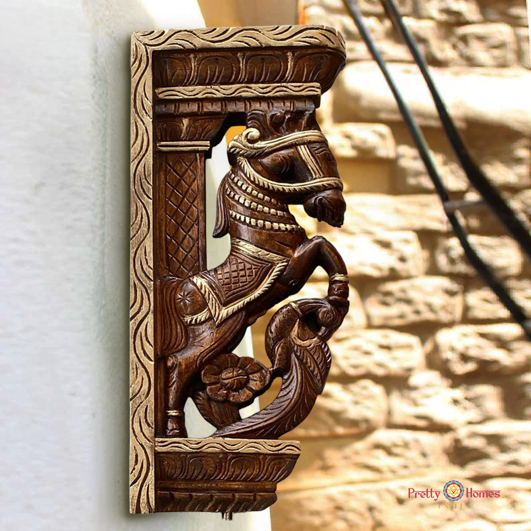 horse wood carving wall bracket with peacock design