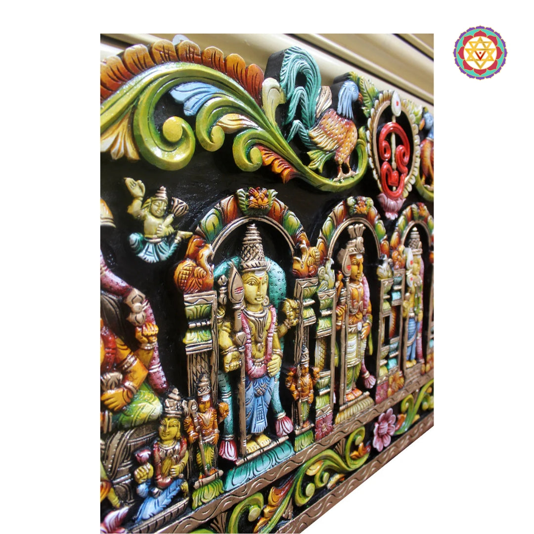 Full view of Murugan horizontal wooden wall panel with ornate carving