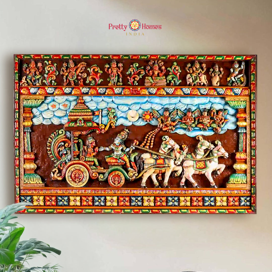 Hand-Carved Geetopadesh Panel Lord Krishna Wooden Wall Hanging