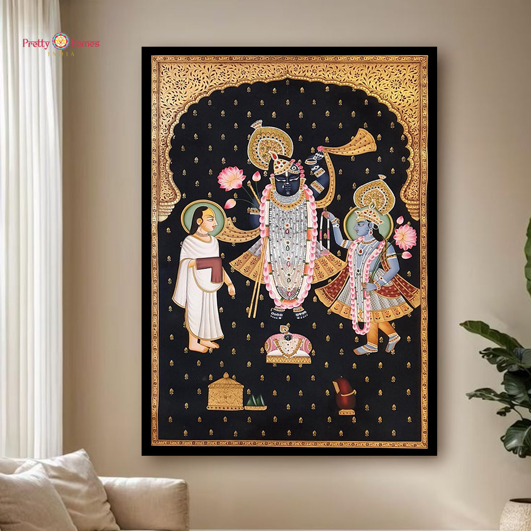 Handpainted Jharokha Pichwai with Shrinathji and Yamunaji