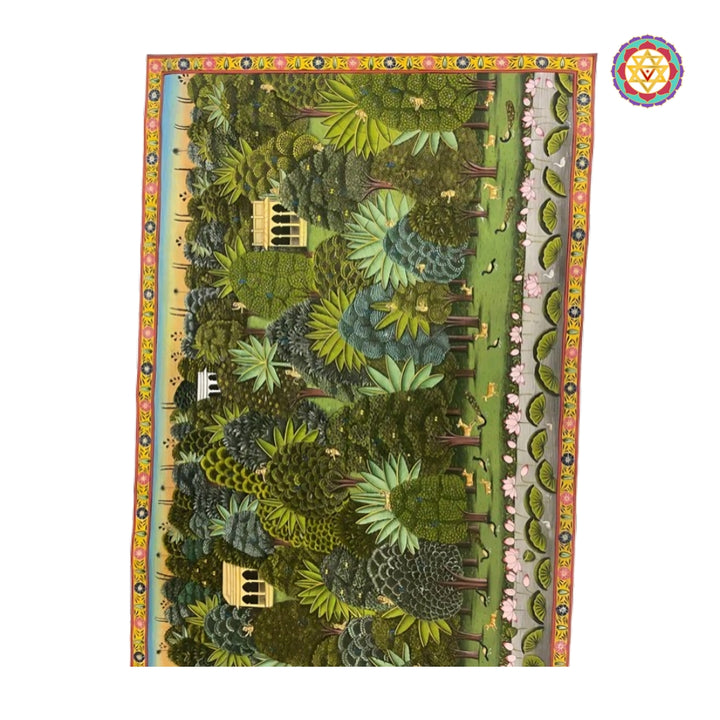 Close-up view of jungle theme pichwai painting with intricate wildlife motifs