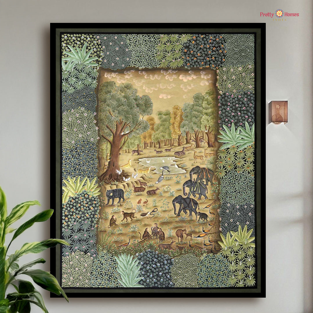 handpainted jungle theme pichwai wall art with trees birds and cows