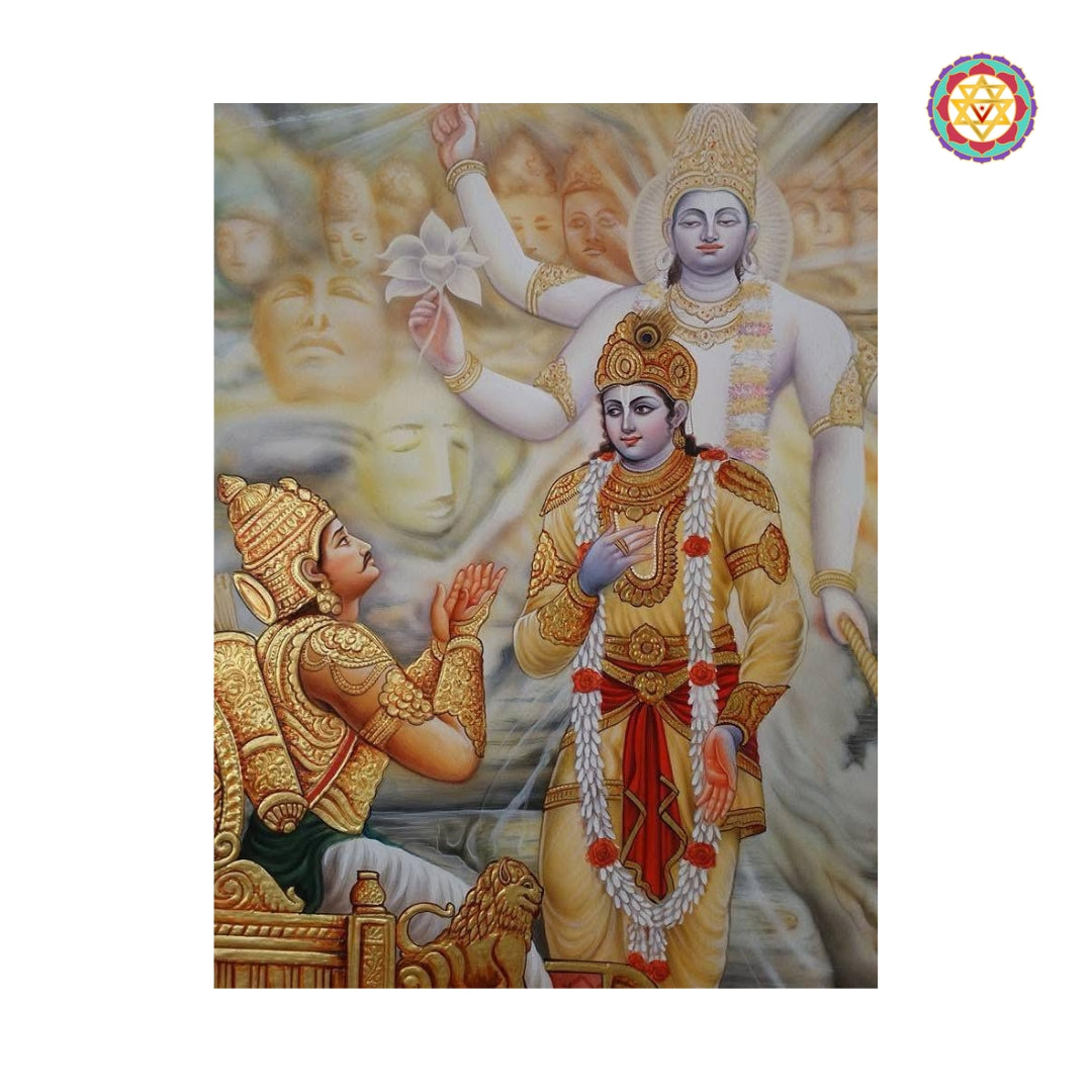 Embossed-style Krishna sermon on Arjuna in Pichwai art