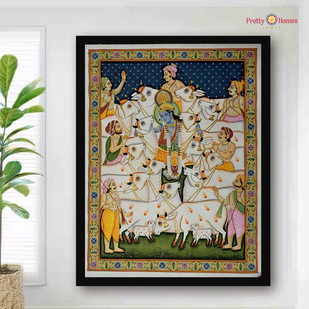Handpainted Krishna with cows Pichwai painting on cotton cloth