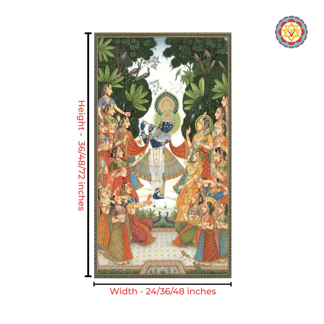 pichwai painting krishna playing flute forest scene