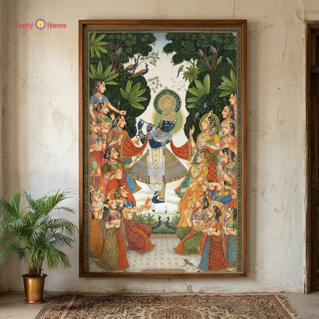 handpainted krishna flute pichwai painting with gopikas