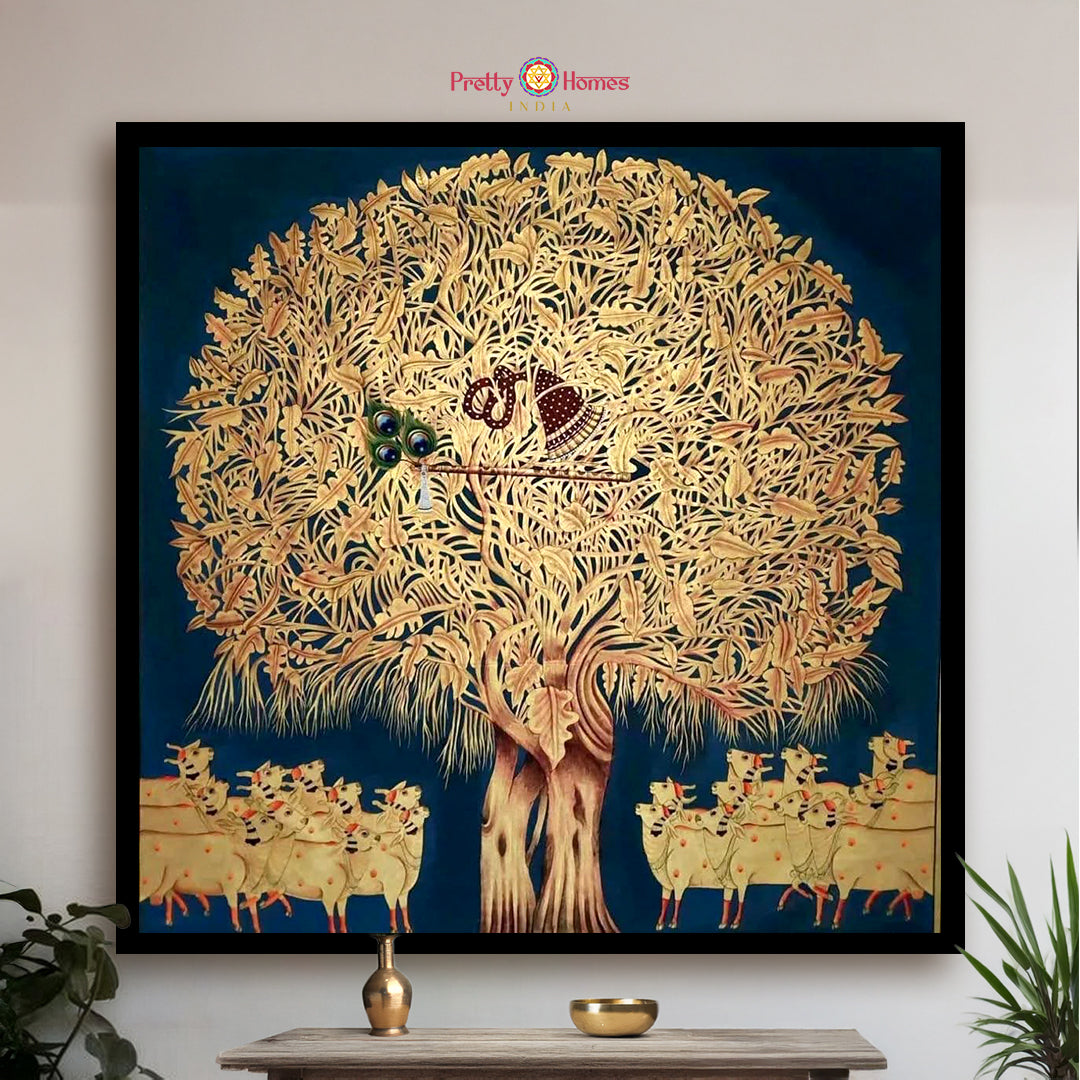 Handpainted Krishna Pichwai with Golden Tree of Life