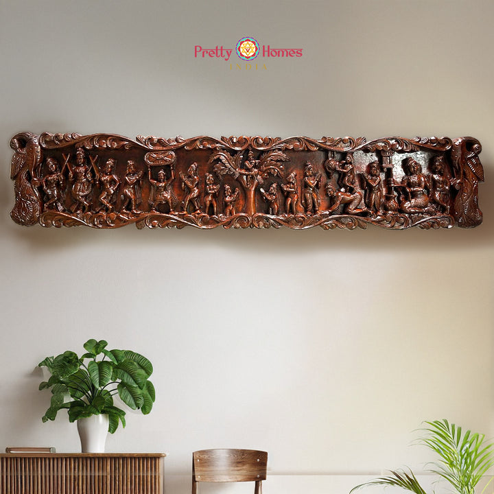 krishna leela wooden wall panel temple decor