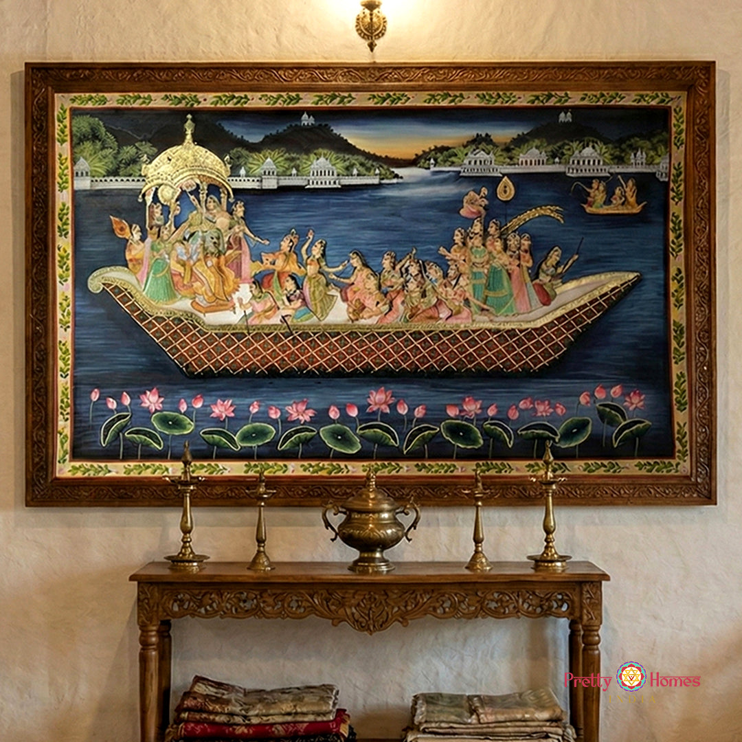 Handpainted Nauka Vihar pichwai artwork with sakhis in a serene horizontal composition