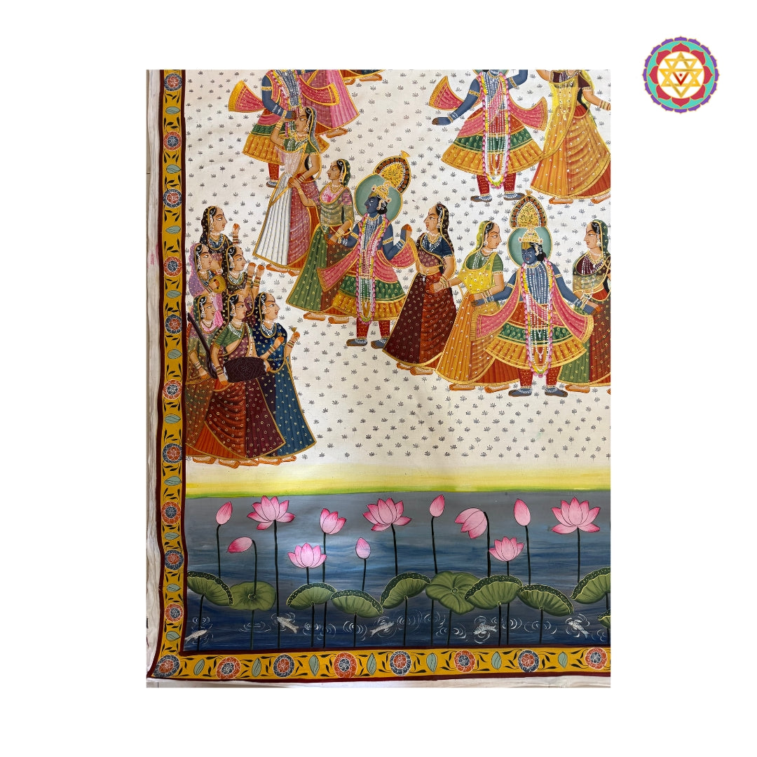 Hand-painted Krishna Raas Leela Pichwai on cotton cloth with organic pigments and lotus details