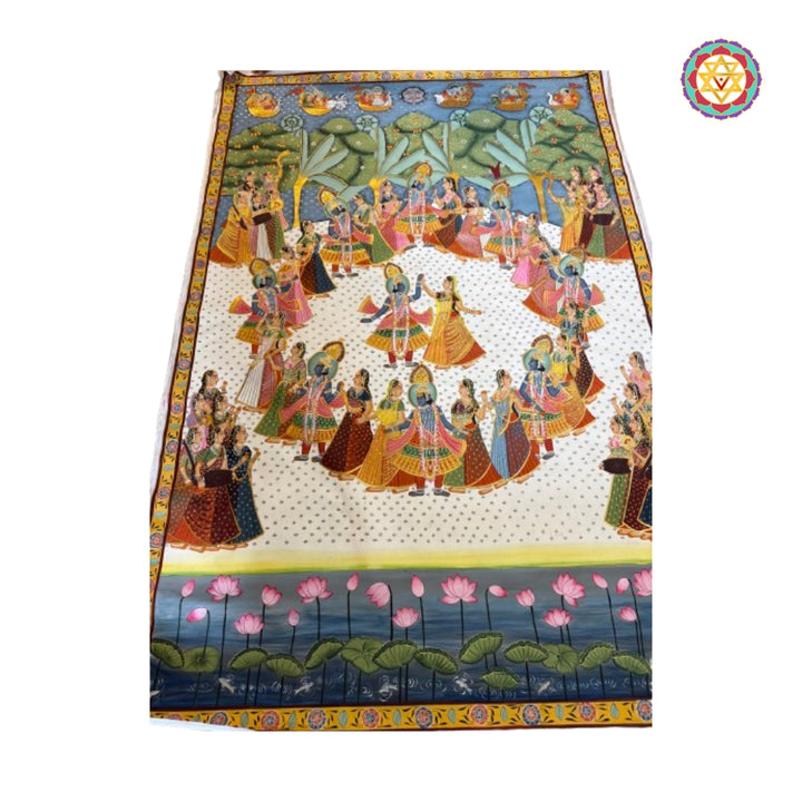 Traditional Krishna Raas Leela Pichwai painting with lotus motifs