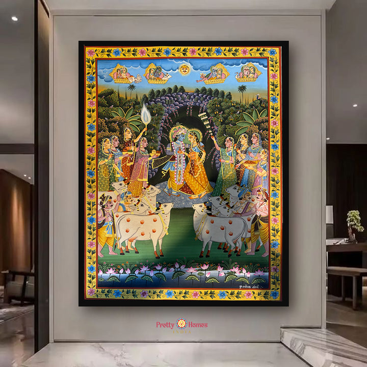 Handpainted Pichwai depicting magnificent Krishna and Radha in traditional style