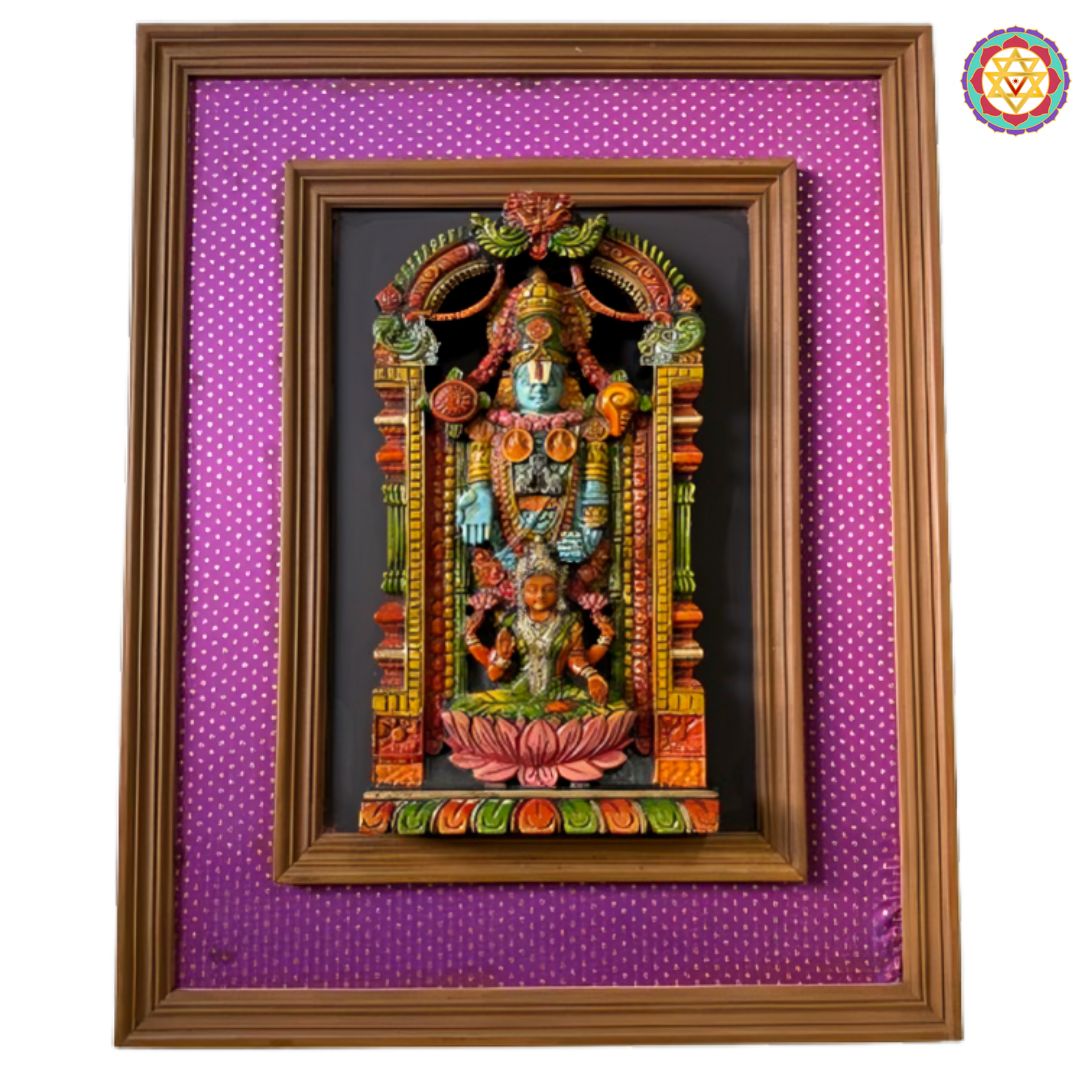 wooden balaji lakshmi wall hanging with purple silk backdrop