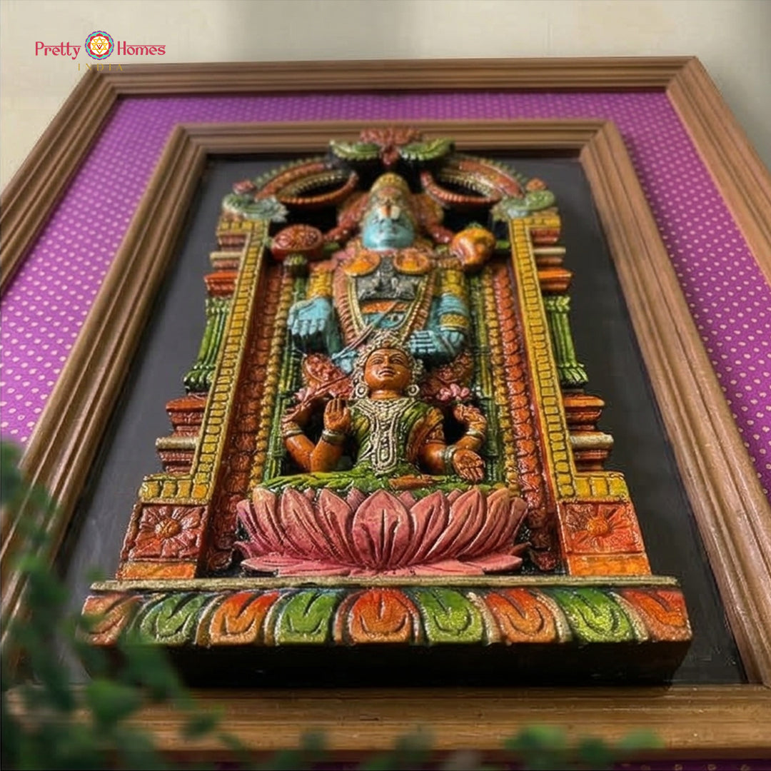 wooden wall hanging tirupati balaji lakshmi silk backdrop