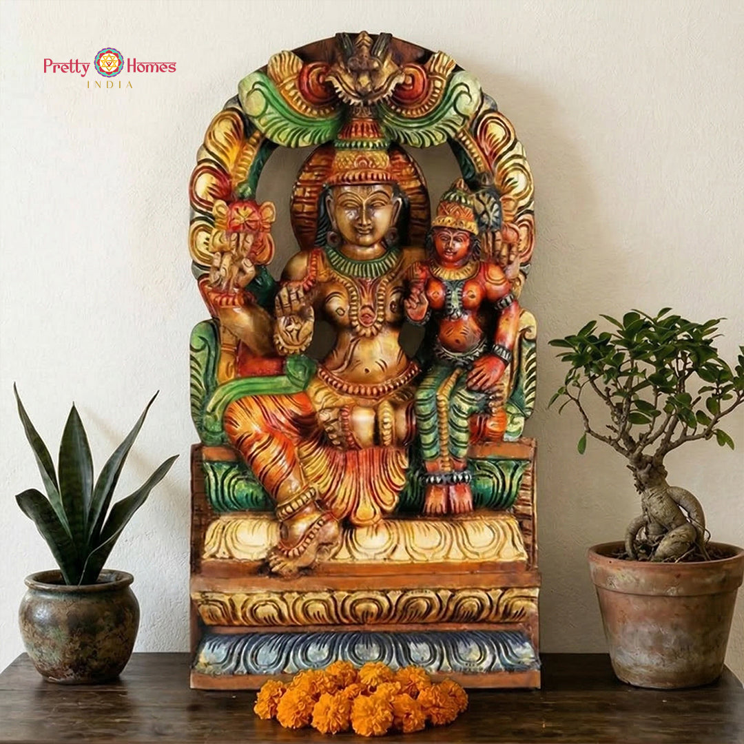 lakshmi narayan wooden statue decor multicolour carved artwork