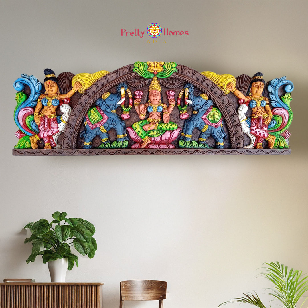 lakshmi wood carving wall decor panel with elephants