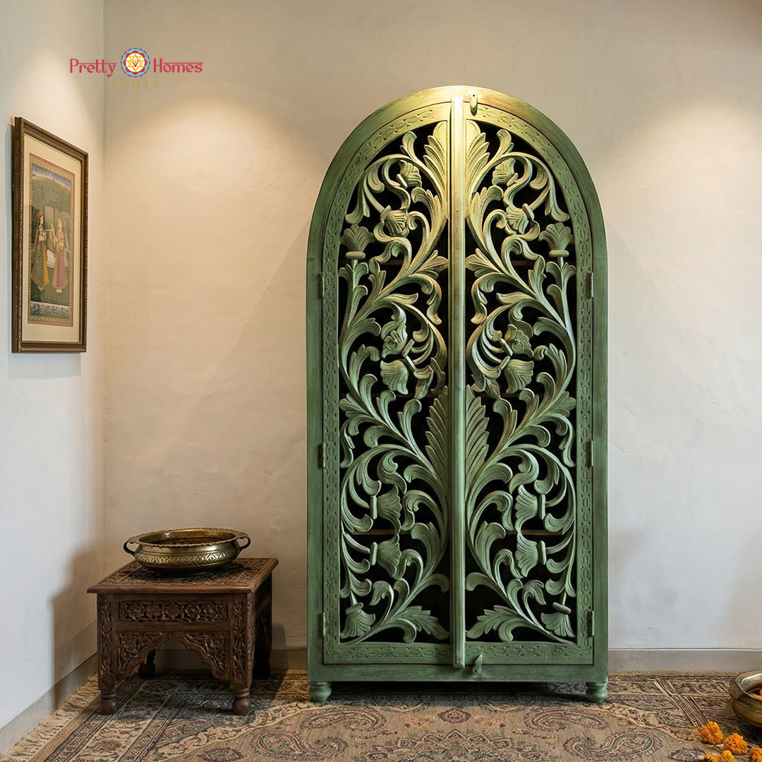 A high-quality 72-inch tall solid wood wardrobe featuring traditional carvings and a rustic finish.