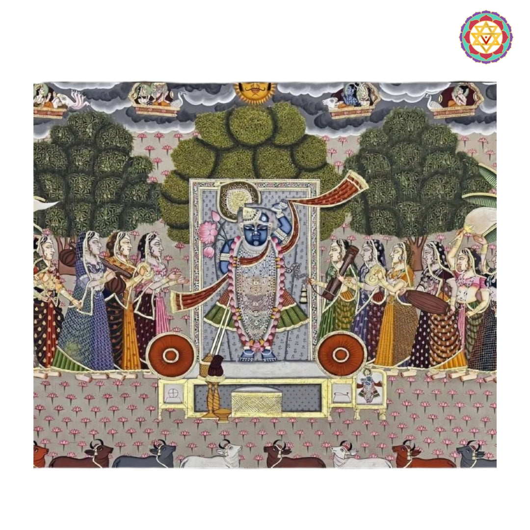 Close-up detailing of Shrinathji heritage pichwai artwork with intricate motifs